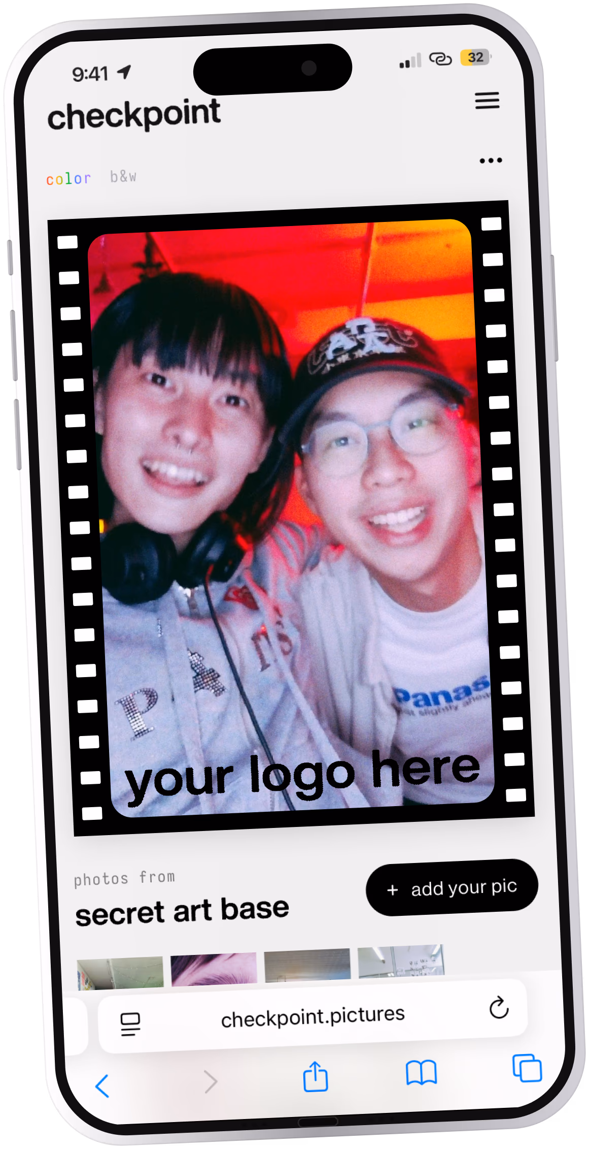 Same digital photo page with a filmstrip border and custom logo overlay added over the photo.