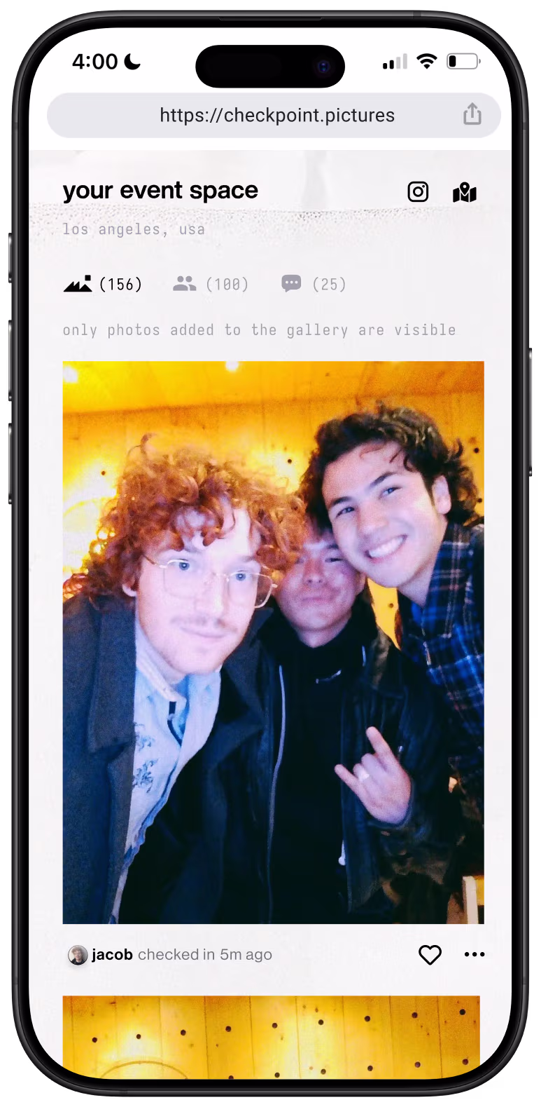 Smartphone showing the web page for a Checkpoint gallery. It displays a large photo of three young people smiling.