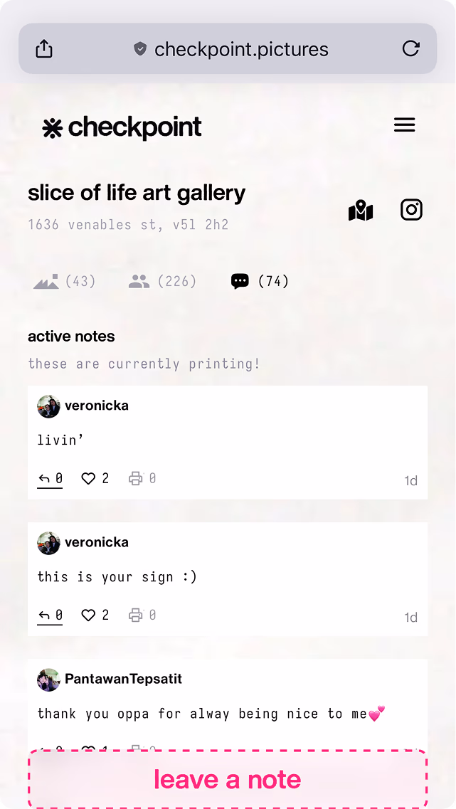 Checkpoint web app showing a gallery's notes feed, where visitors leave messages between photos