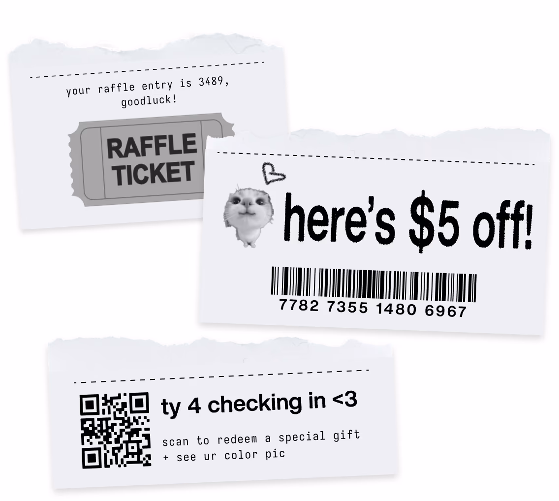 Three torn receipt notes: a raffle ticket entry, a $5 off coupon with a barcode, and a QR code thank-you note