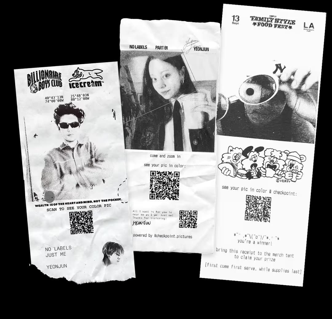 Three stacked printed receipts of Checkpoint photos