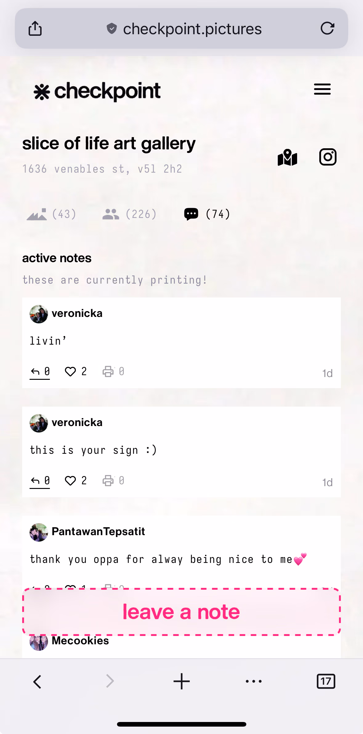 Checkpoint location notes UI