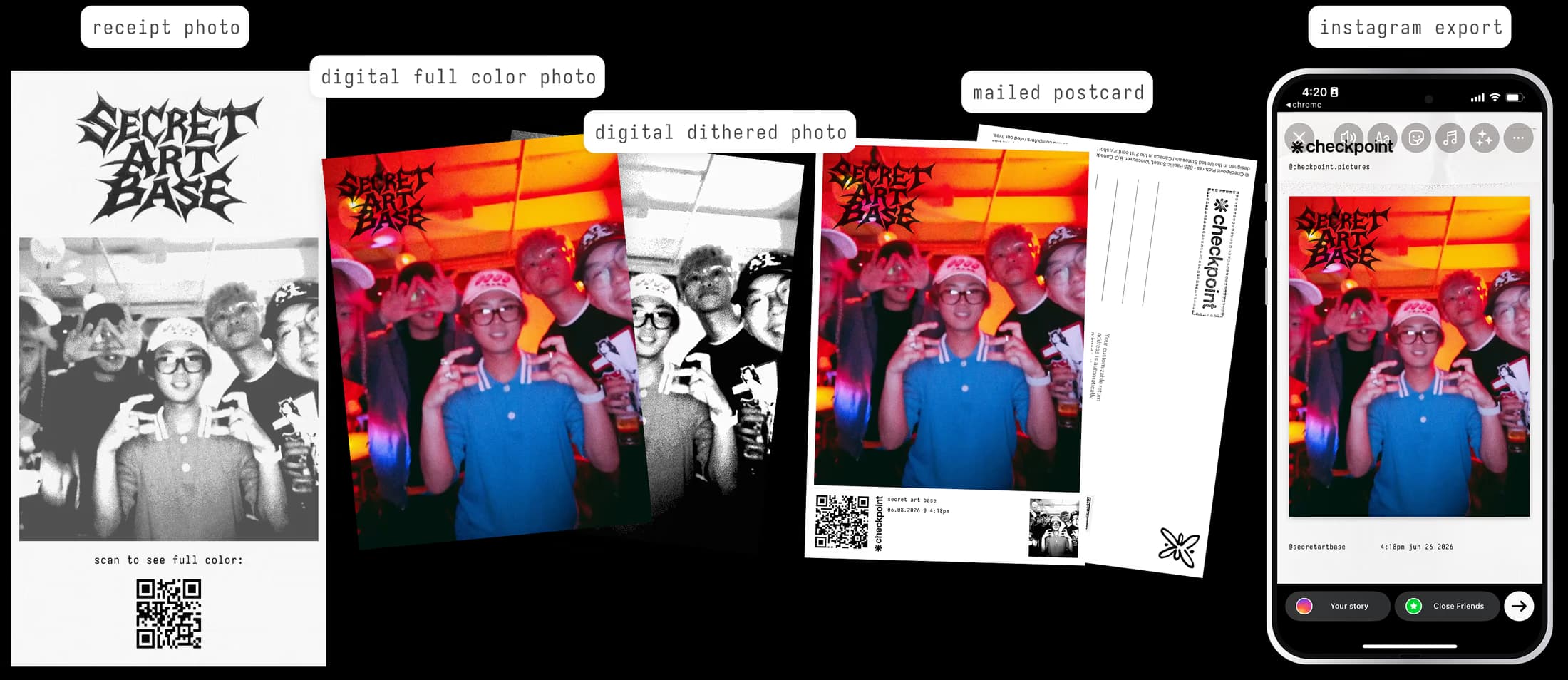 A collage of Checkpoint keepsakes: a black-and-white receipt photo, a full-color print, a dithered print, a mailed postcard, and an Instagram story export