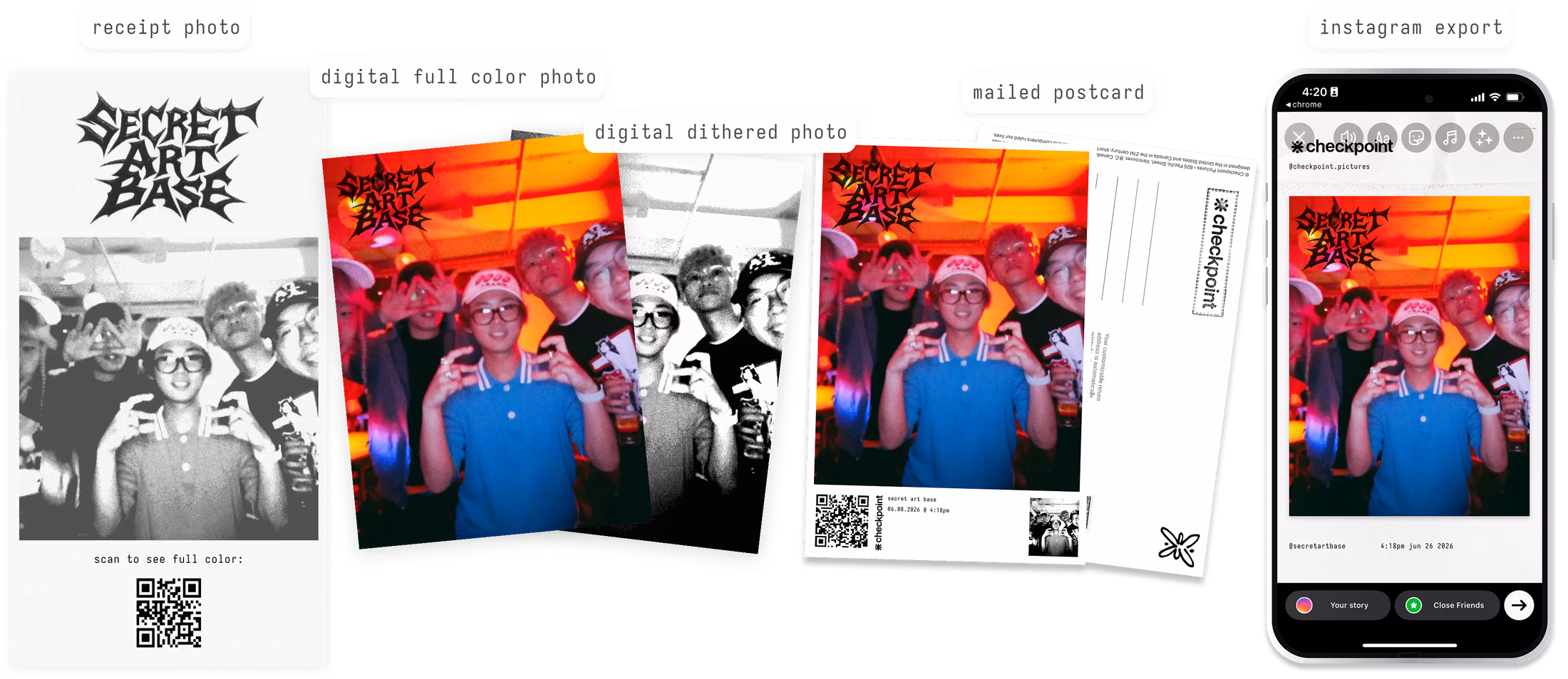 A collage of Checkpoint keepsakes: a black-and-white receipt photo, a full-color print, a dithered print, a mailed postcard, and an Instagram story export